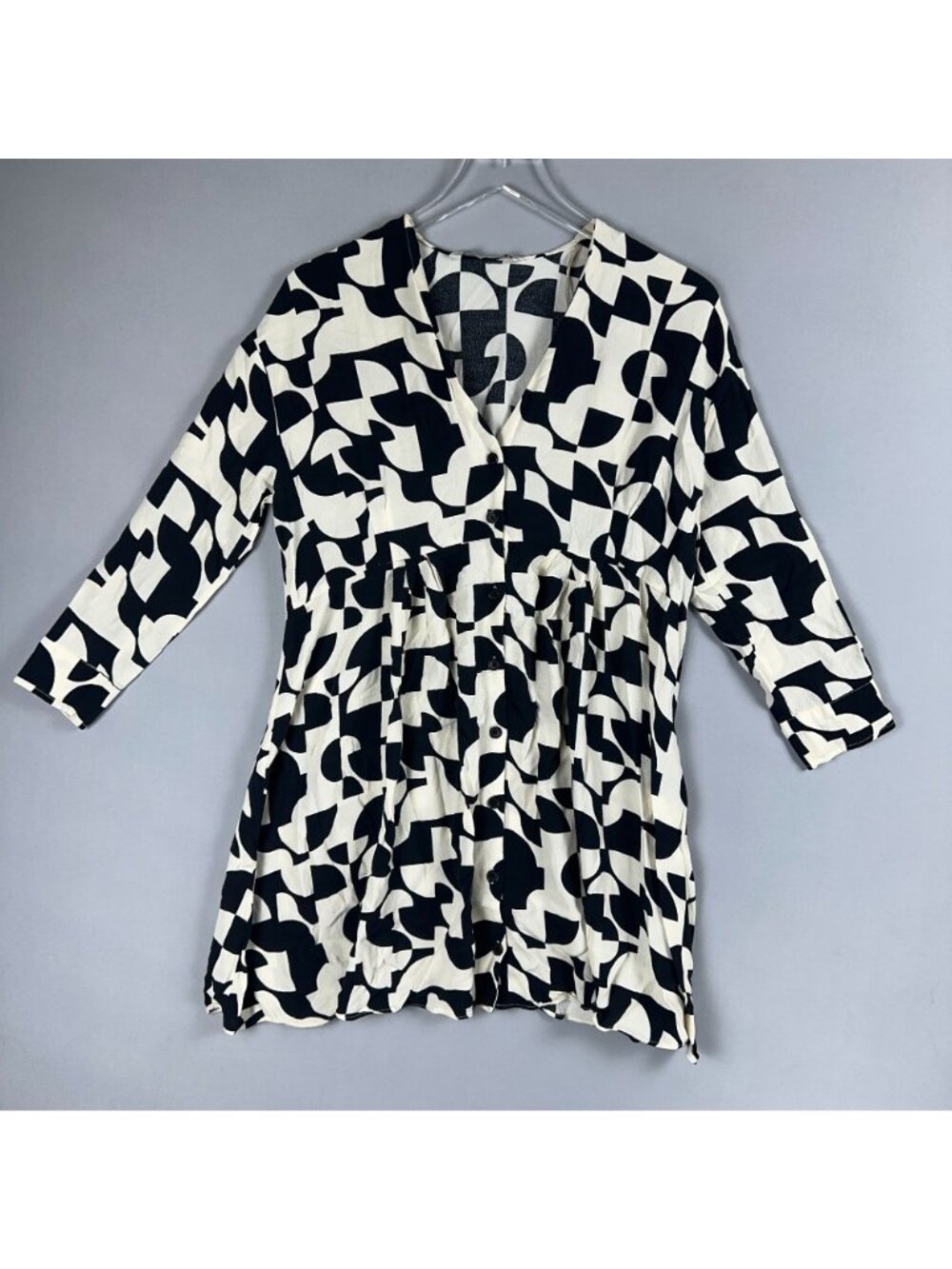 Zara Dress Size XS Black White Abstract Print V-Neck Button-Down 3/4 Sleeves - Picture 4 of 12
